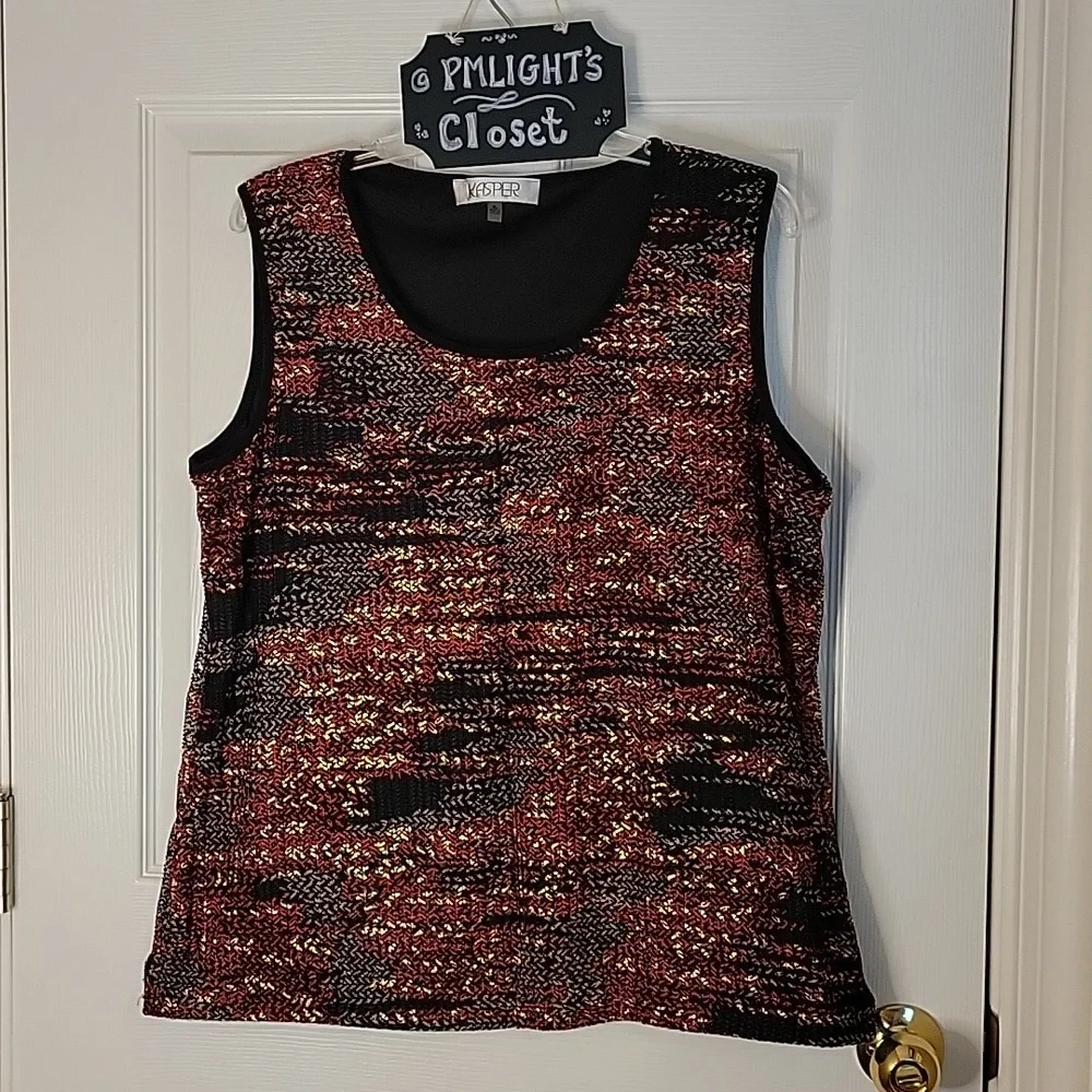 Kasper Blouse Sleeveless XL Black Red Gold Tan